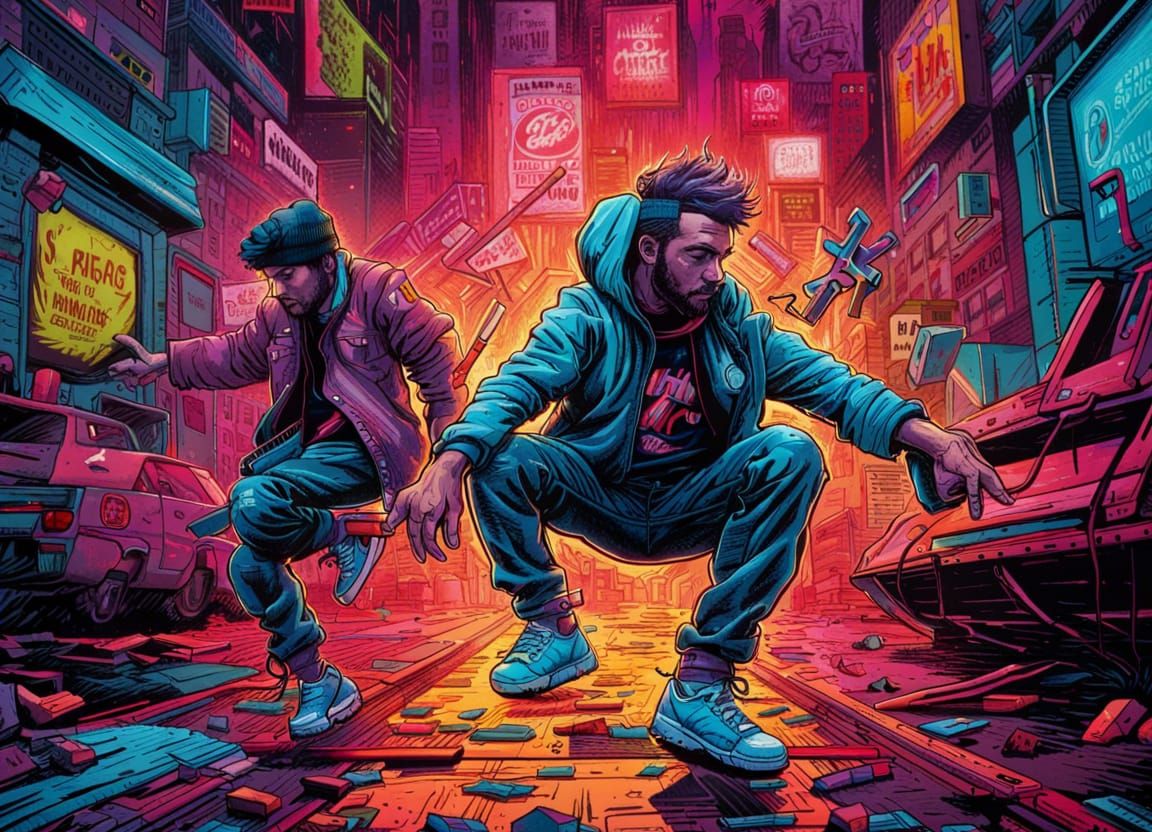 Gritty 80s Action: Breakdance Fight in Pop Art Style