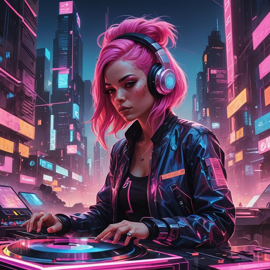 Neon Cyberpunk DJ Girl in Futuristic City
