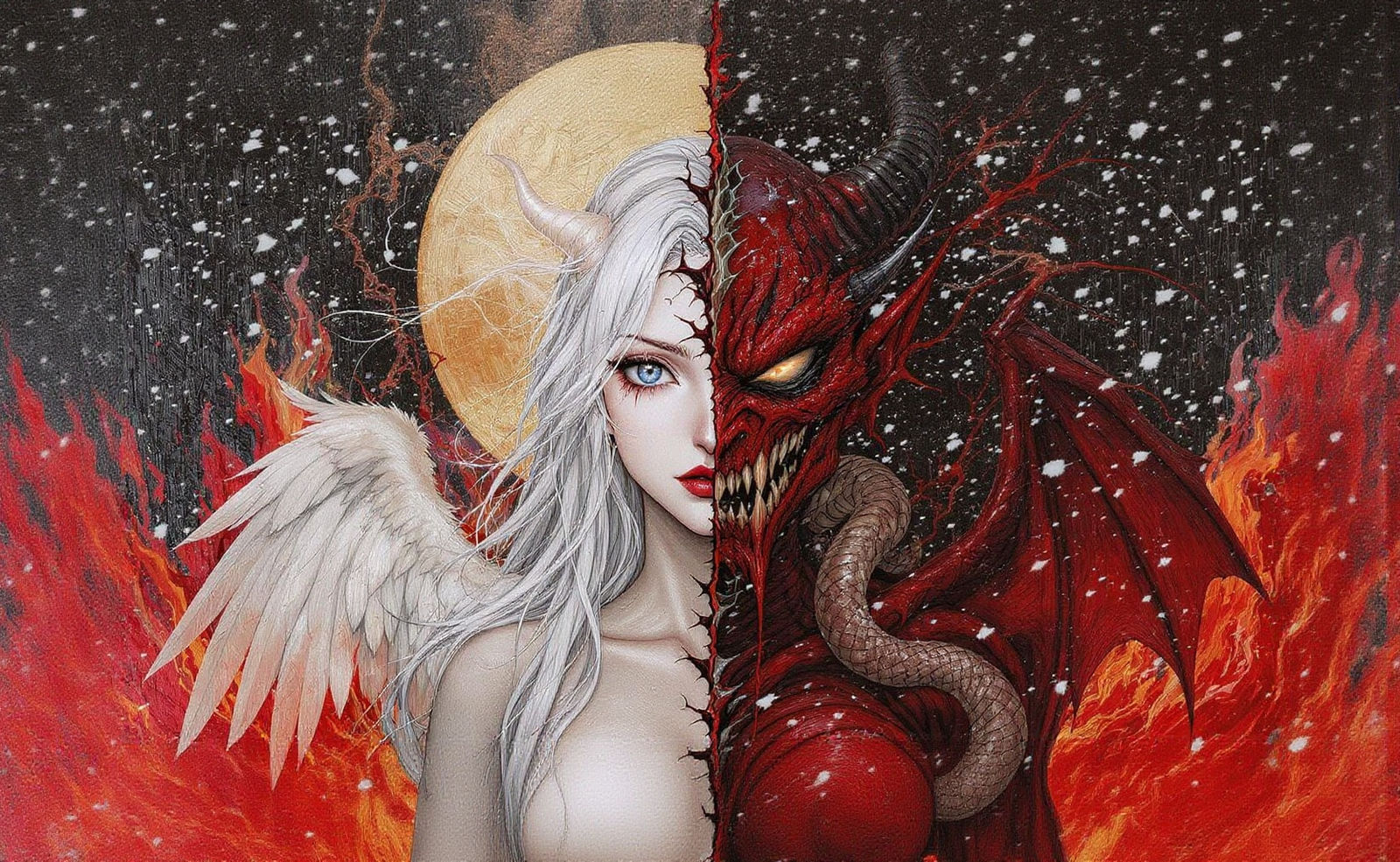 Angel and Demon Woman Portrait in Manhwa Style