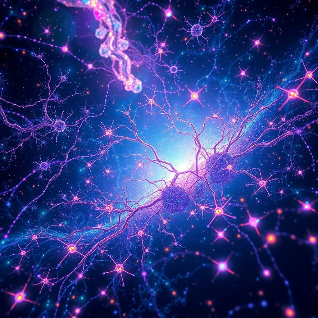 Iridescent Cosmic Neurons in Vibrant, Hyper-Realistic Style
