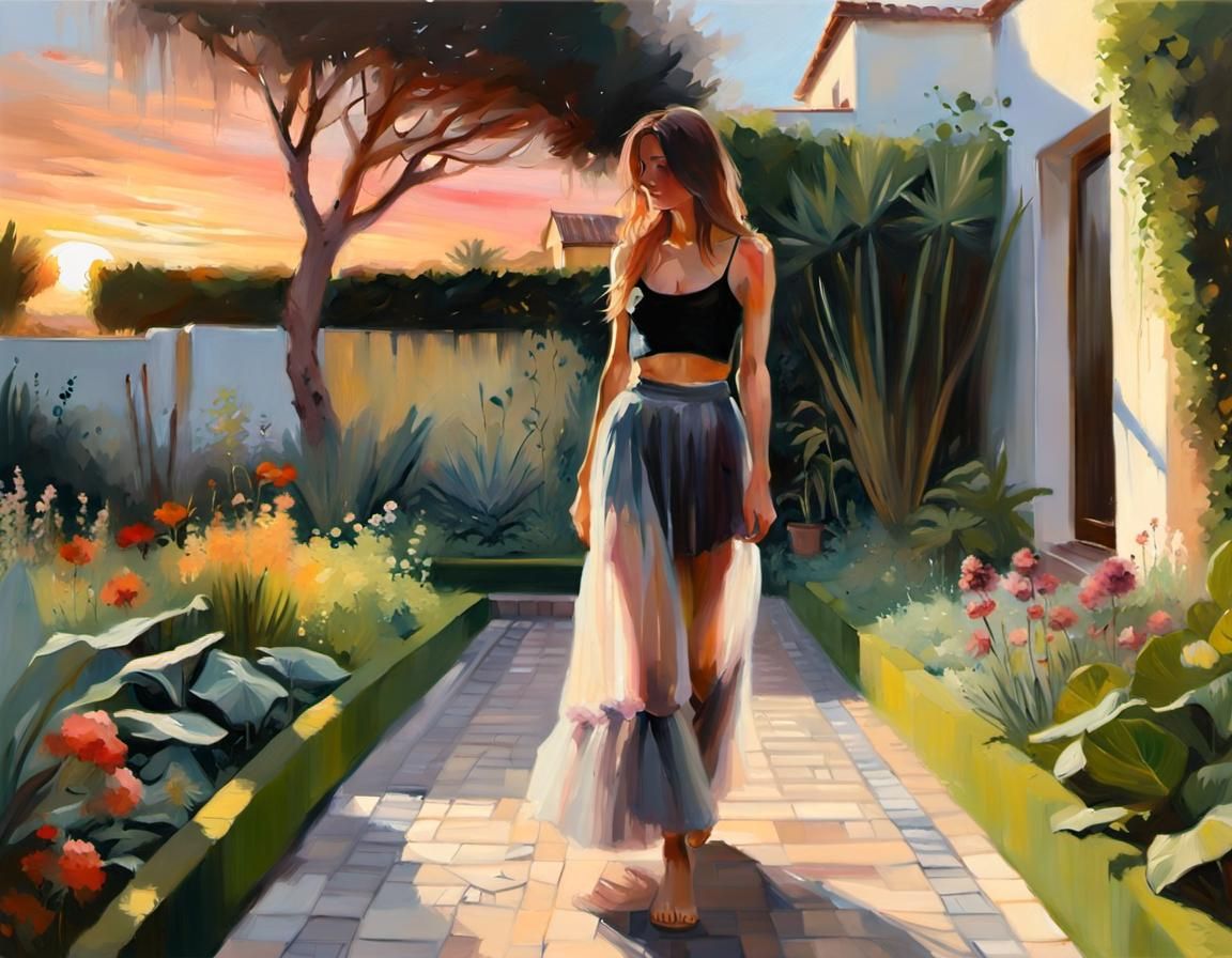 Lush Urban Garden Oil Painting at Sunset