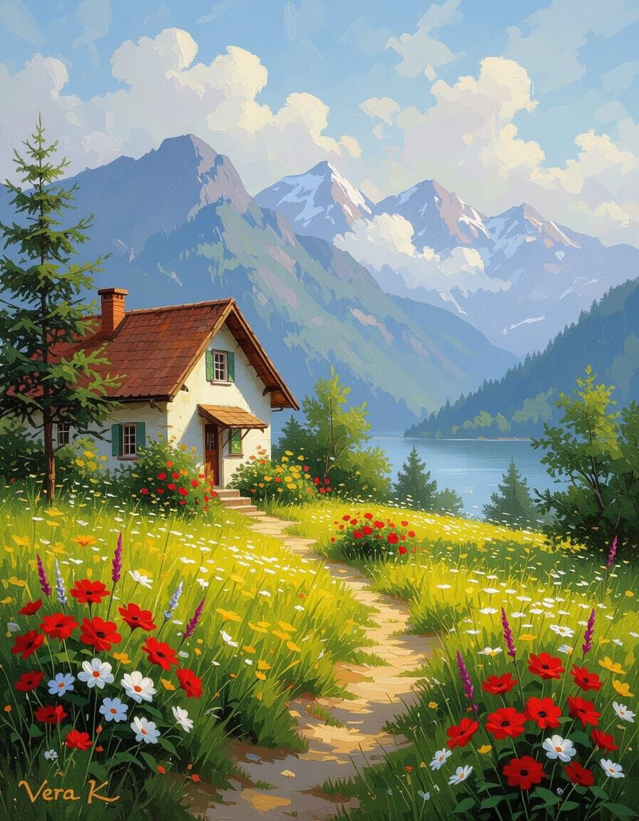 Ethereal Summer Landscape Painting with Mountains