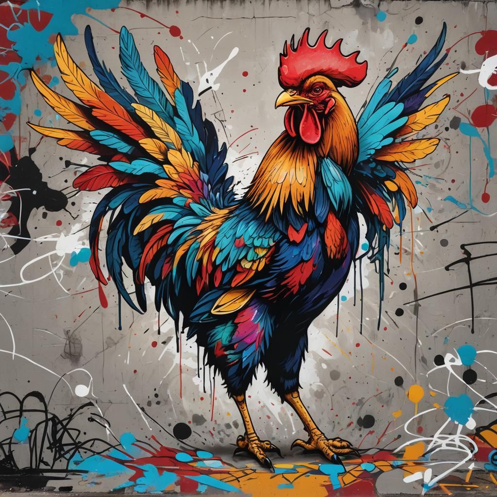 Hyperrealistic Graffiti Art Rooster with Colorful Background
