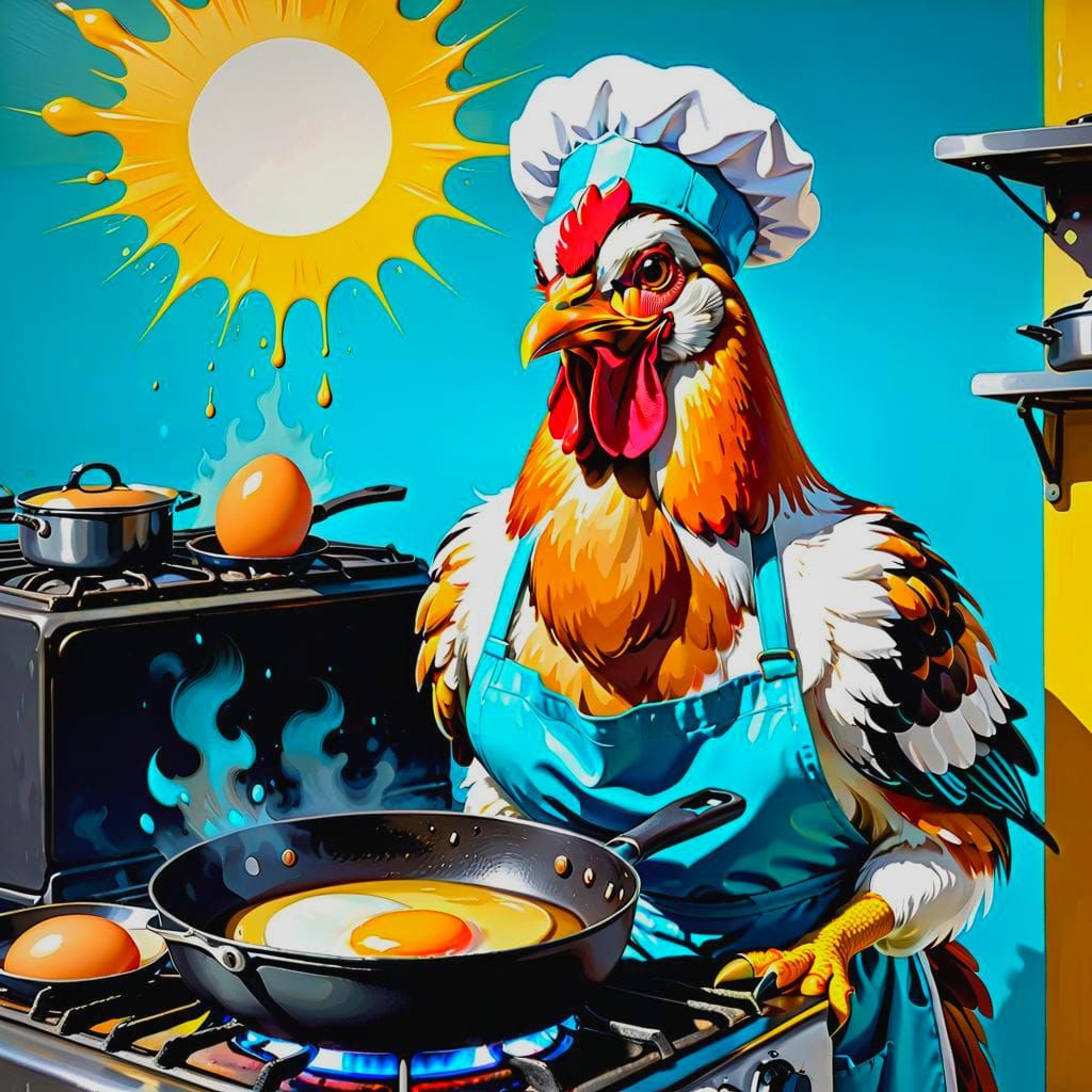 Chicken Stares at Frying Egg in Pan