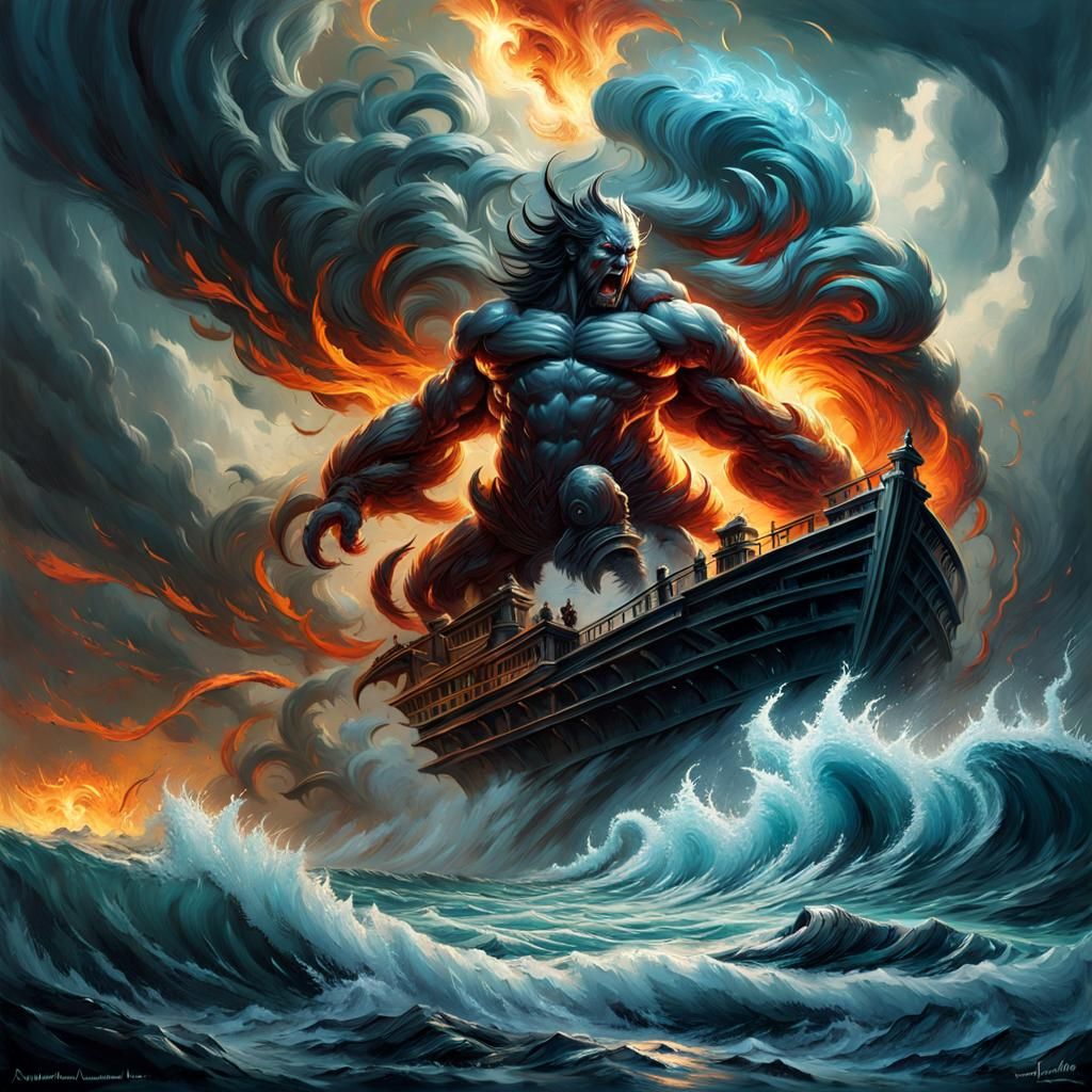 Epic Water Elemental Monster in Seascape Painting