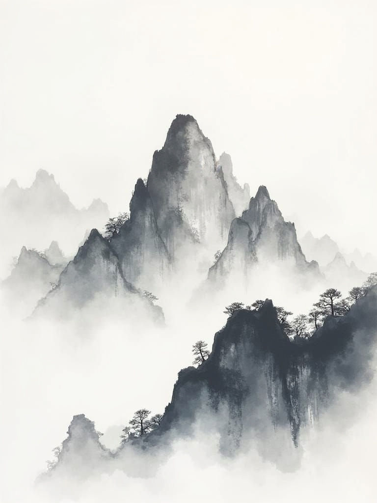 Minimalist China Ink Watercolor Mountain Art