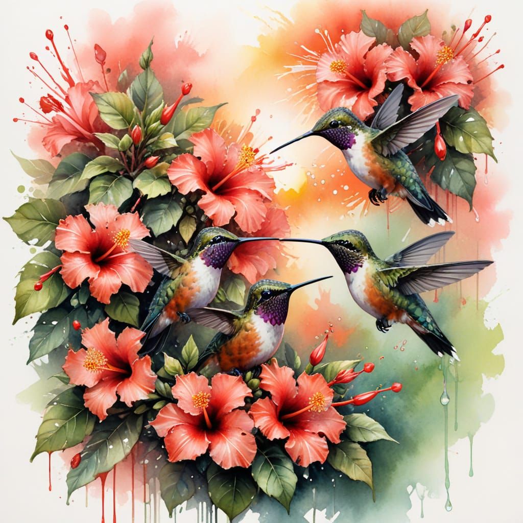 Hummingbird Chicks in Hibiscus at Sunrise, Detailed Painting