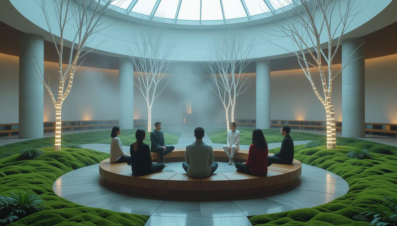 Cinematic Indoor Atrium with Meditating Figures