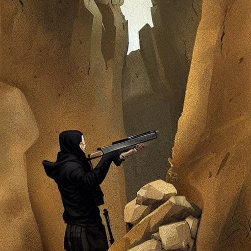 Sinister Hooded Figure Shooting Puppet in Rocks