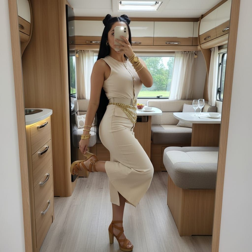 Woman Posing Inside Tabbert Bellini Caravan