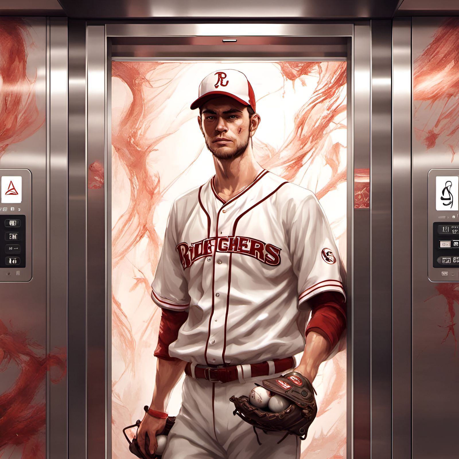 Baseball Pitcher in Elevator Digital Illustration