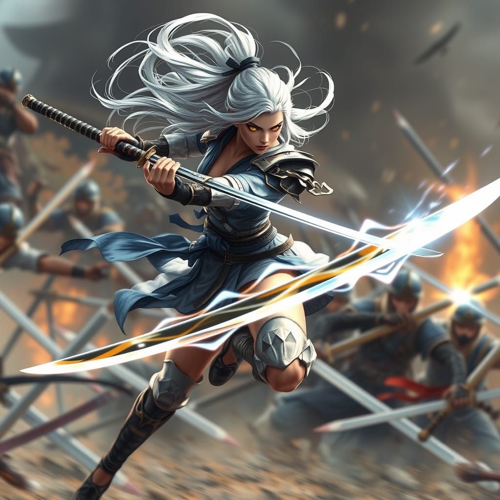 Cyberpunk Samurai Warrior in Mid-Air Slash