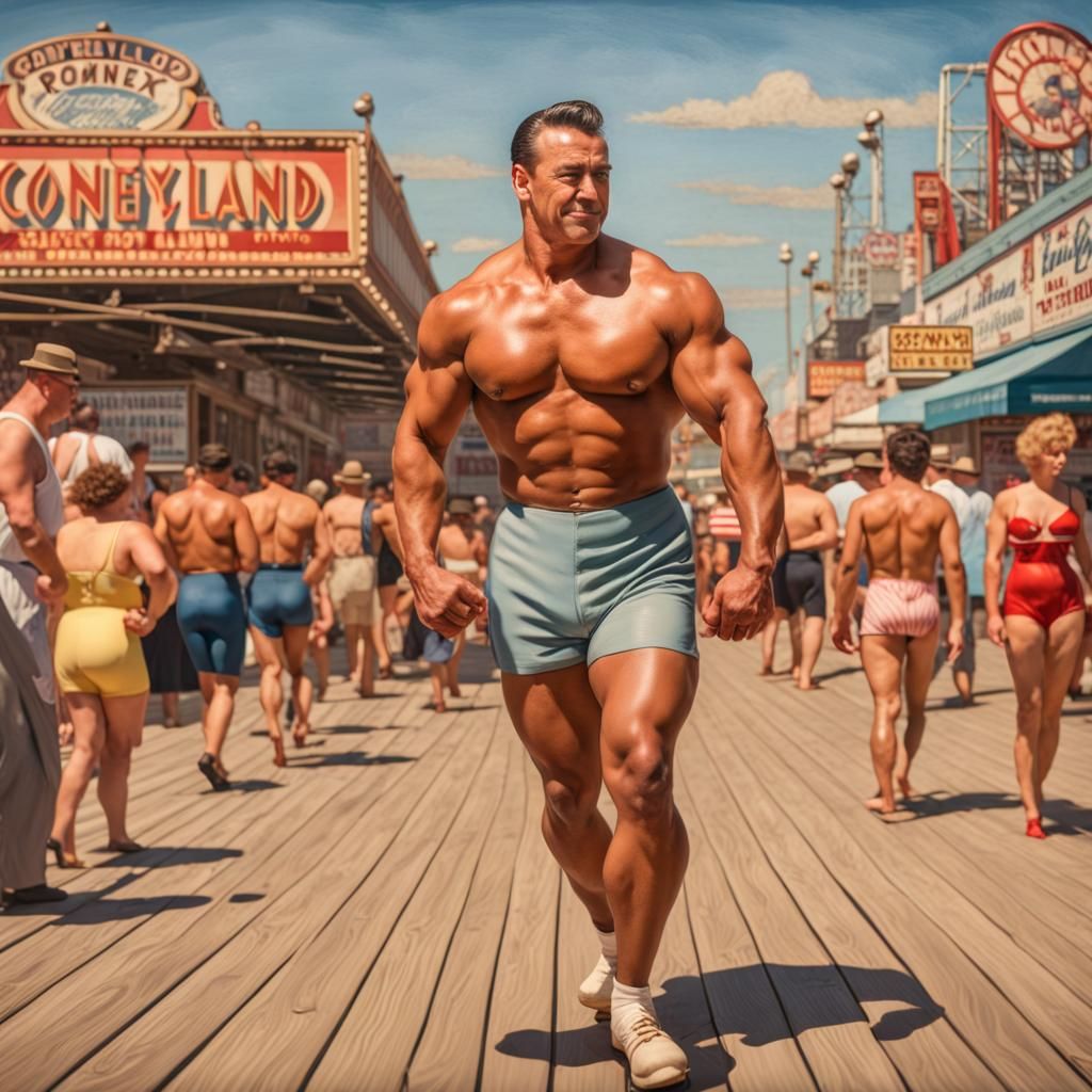 1940s Bodybuilder Strolls Coney Island Boardwalk
