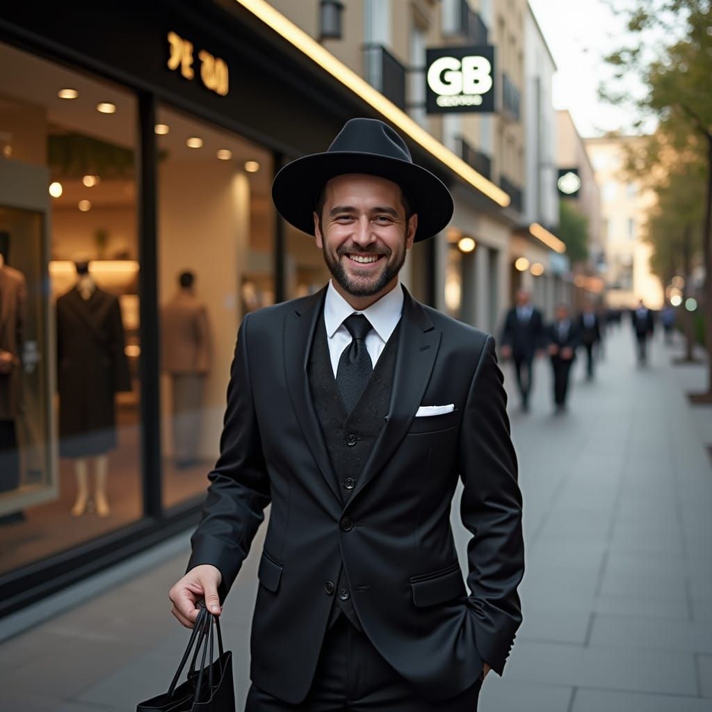 Hasidic Groom Exudes Joy Outside Modern Clothing Store