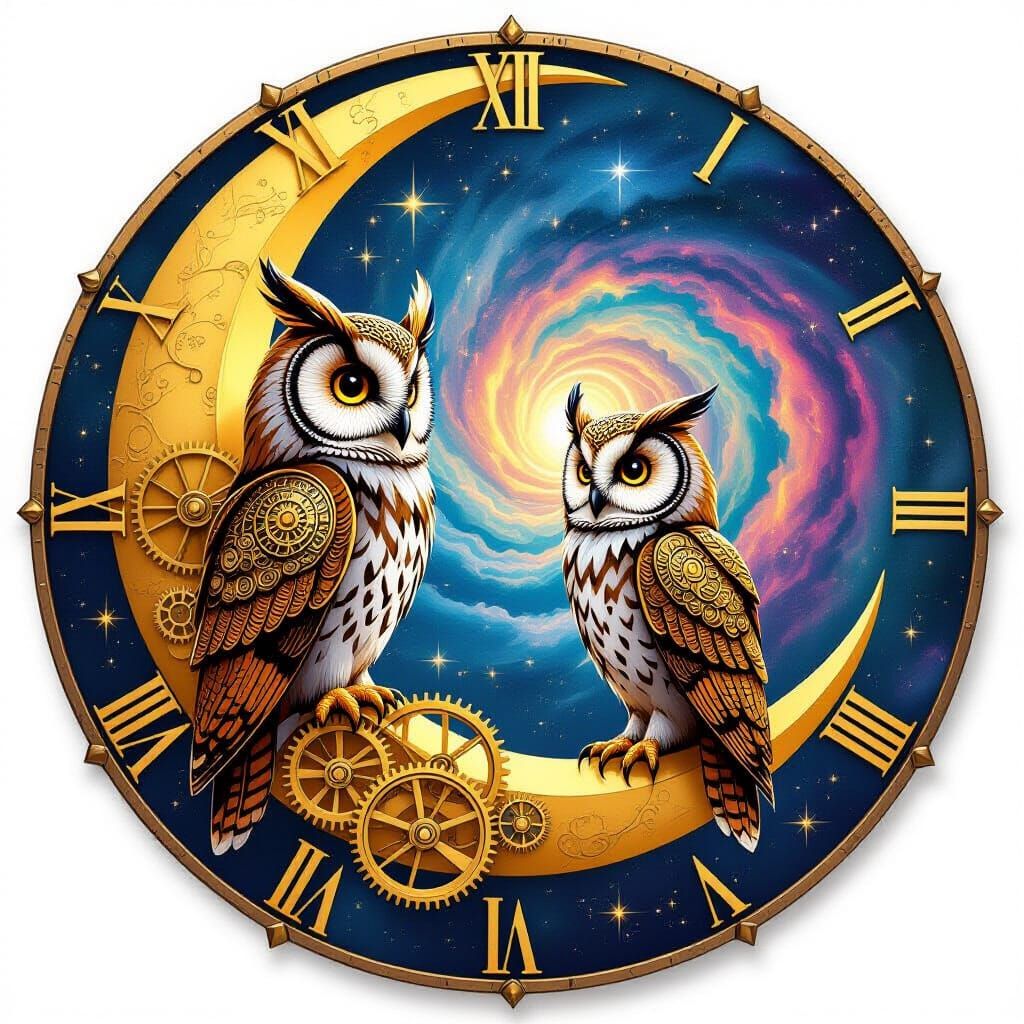 Clockwork Owl on Moon Amidst Cosmic Vortex