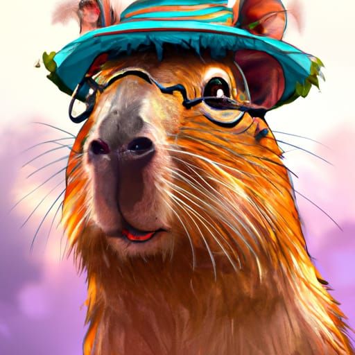 Capybara Portrait with Tiny Hat in Hyperdetailed Style