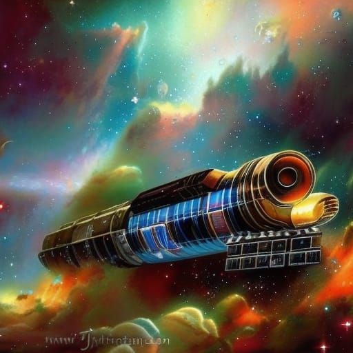 Whimsical Space Train Journey Through Colorful Nebula