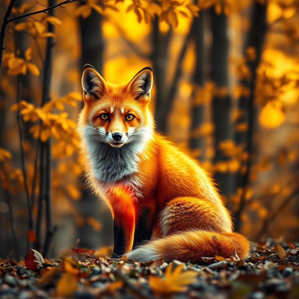 Realistic photo artwork featuring a red fox with vibrant ora...