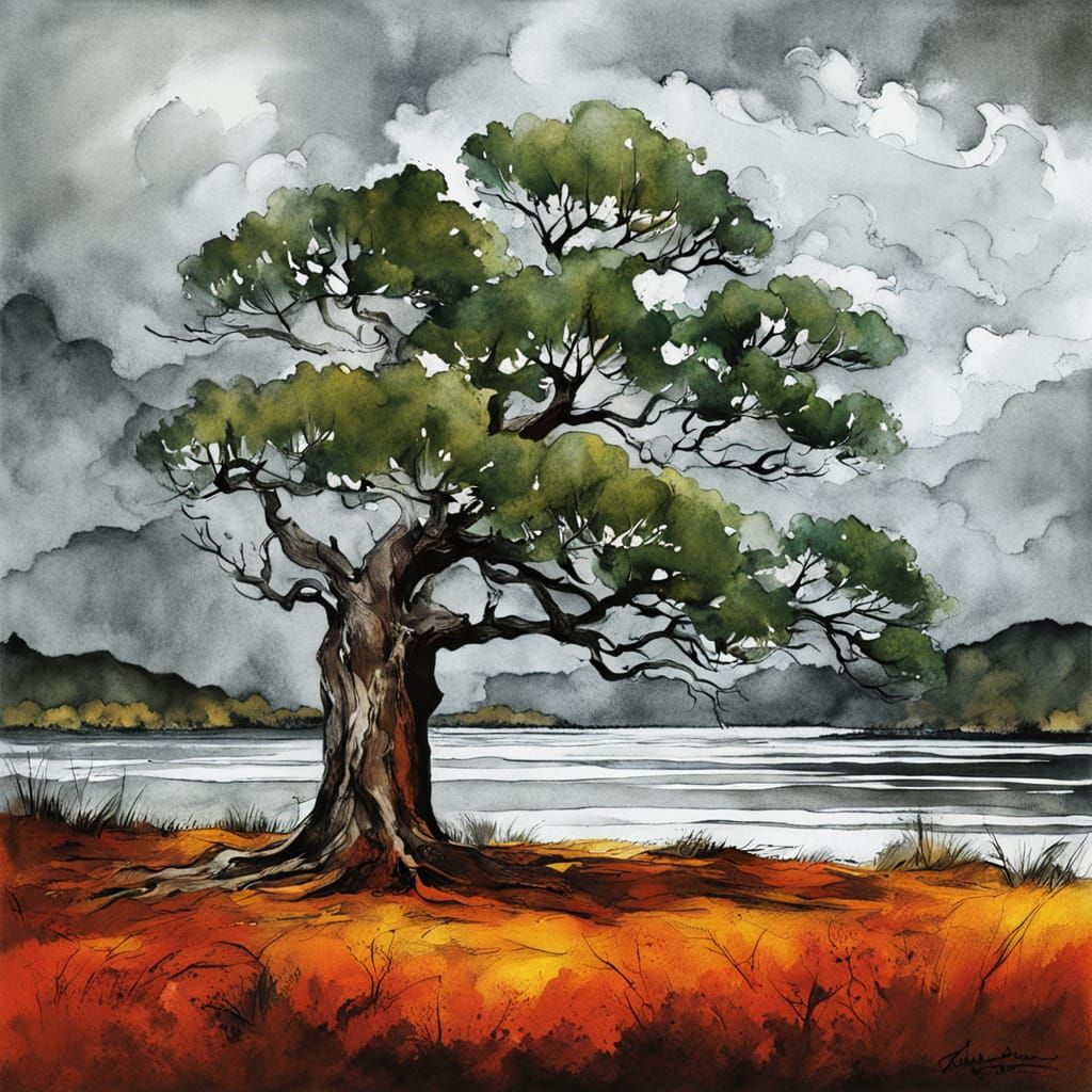 Ancient Oak by Lake Under Stormy Sky, Ink Splash Art