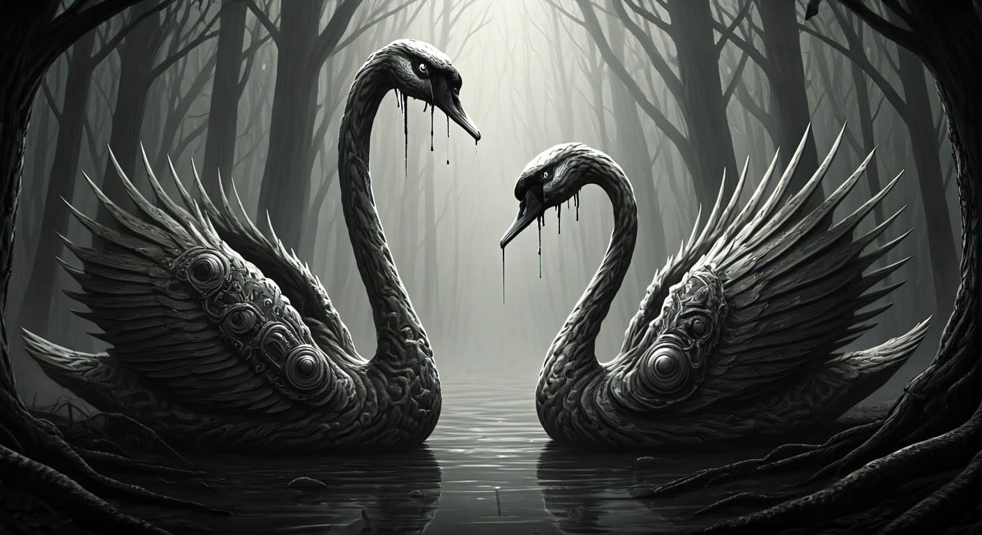 Biomechanical Swans in Gloomy Forest, Dark Futurism