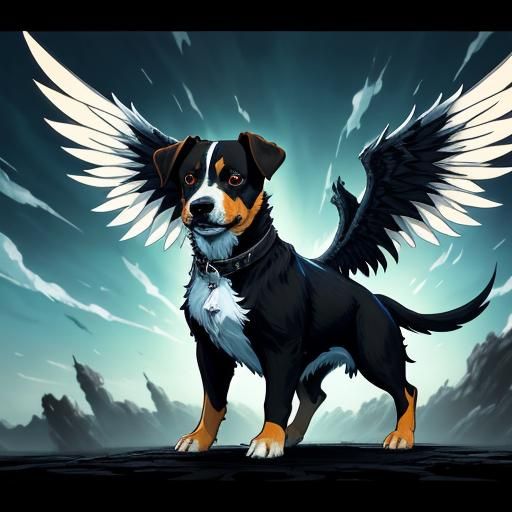 A jack russell dog with dark battle wings