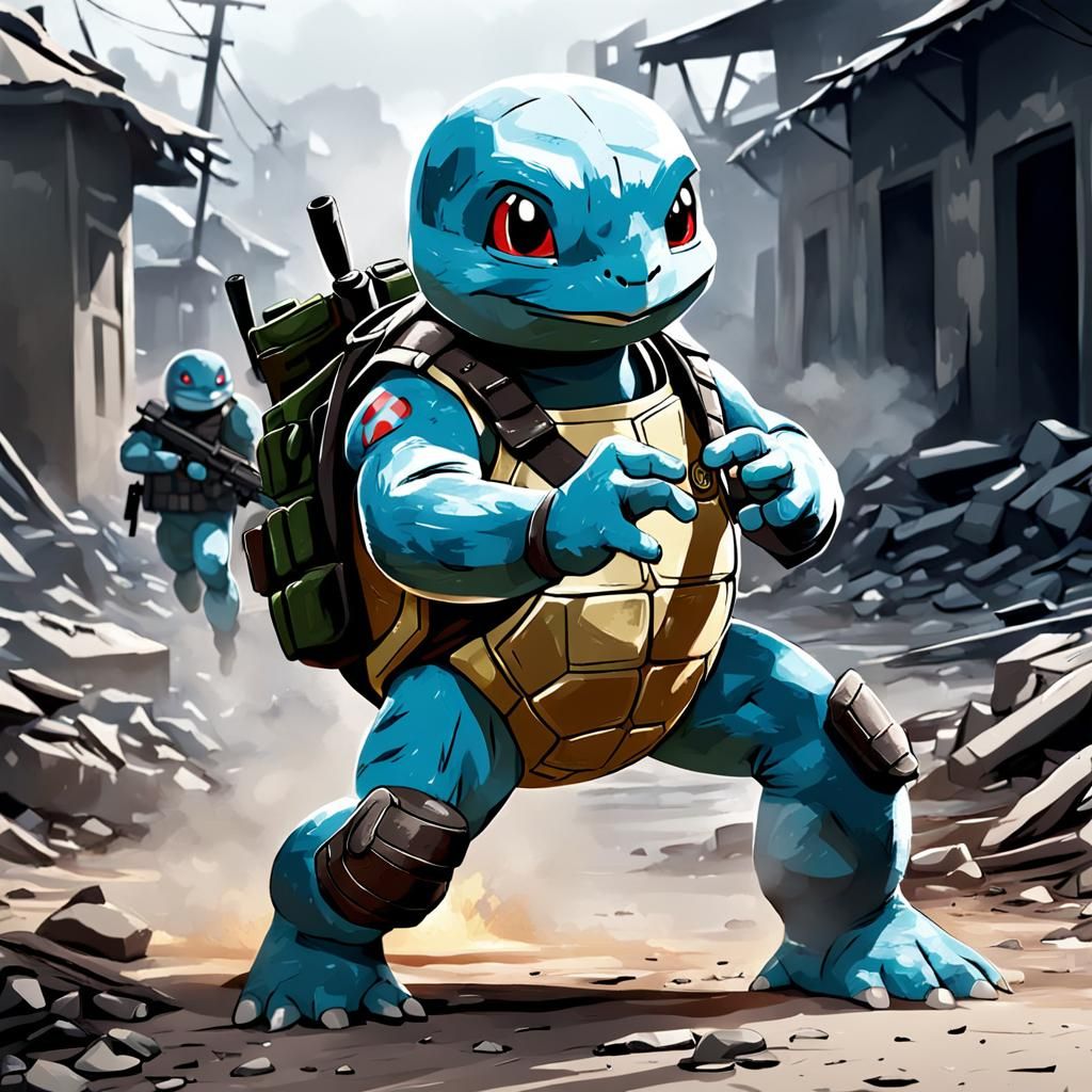 Squirtle Soldier in War Zone Digital Art