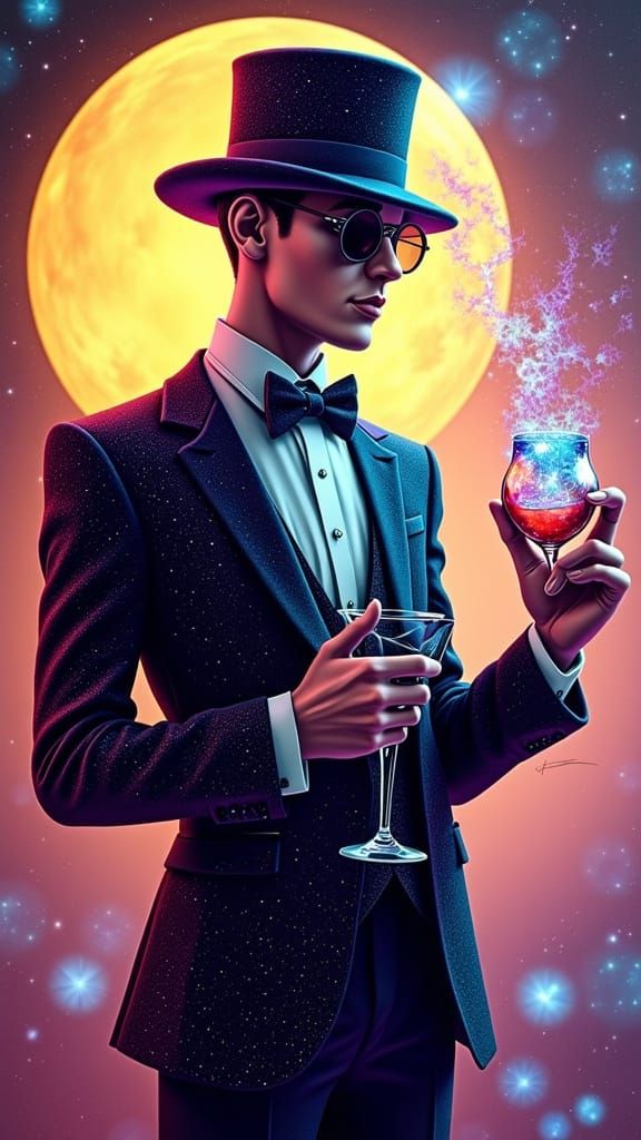 Celestial Gentleman in Retro-Futuristic Glitchcore Style