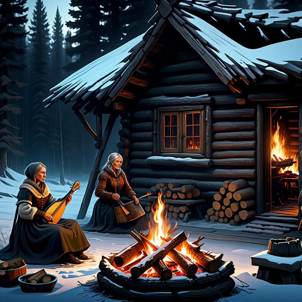 Siberian Cabin Scene in Dark Fantasy Style