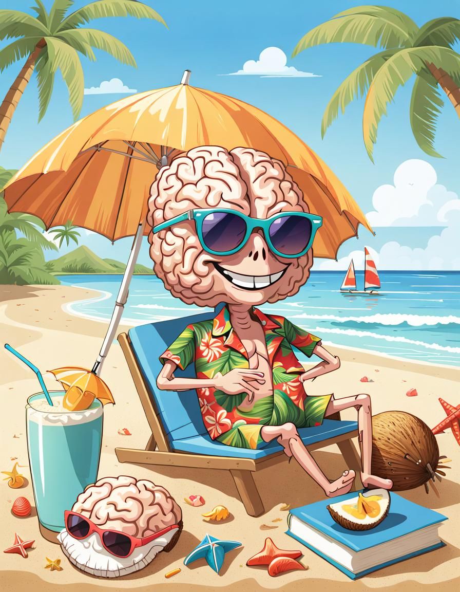 Brain on Vacation: Whimsical Anime Style Illustration