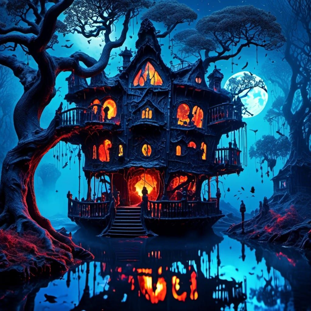 Gothic Treehouse with Black Cat in Steampunk Style