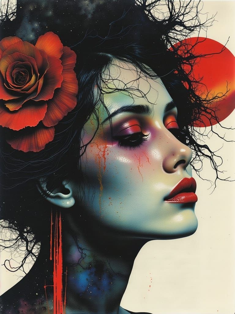 Gothic Woman Portrait in Watercolor Alcohol Ink Style