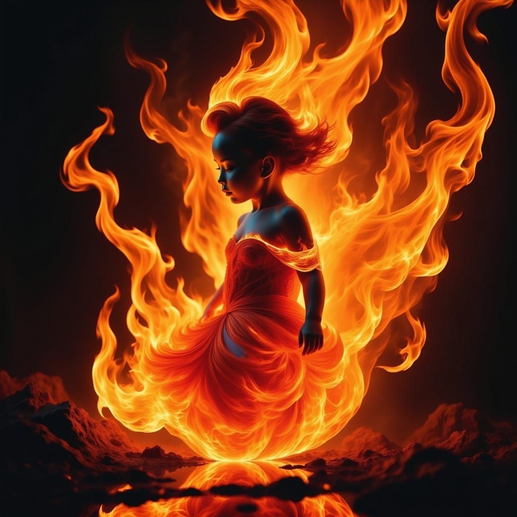 Baby Made of Vibrant Flames in Ethereal Void