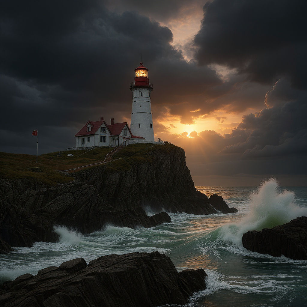 Lighthouse in Stormy Seas: Photorealistic Digital Rendering