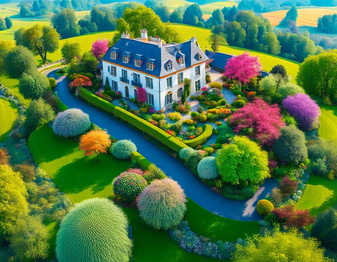 Surreal Aerial Country House in Fantasy Landscape