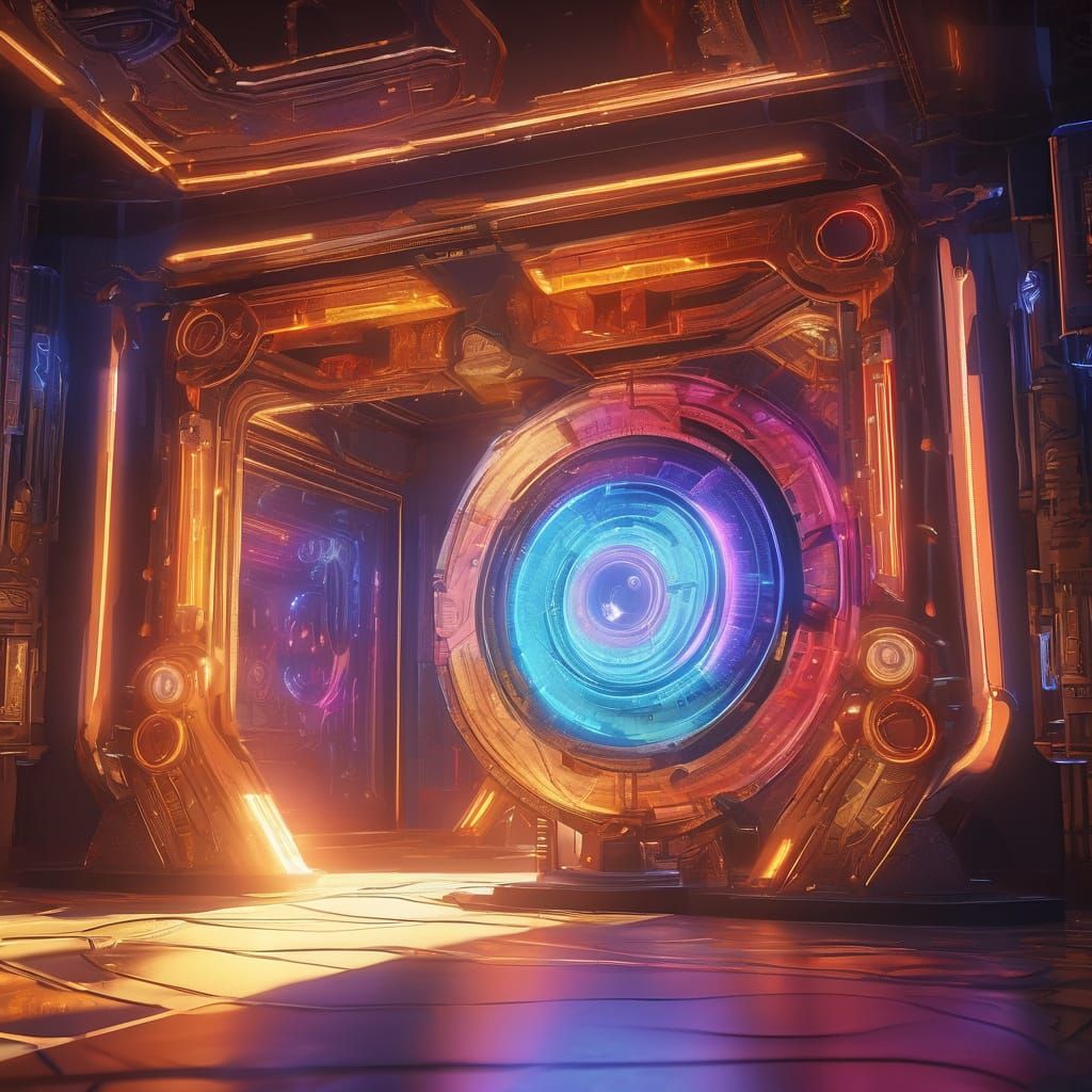 Fantasy Room with Glowing Portals and Infinite Fractals