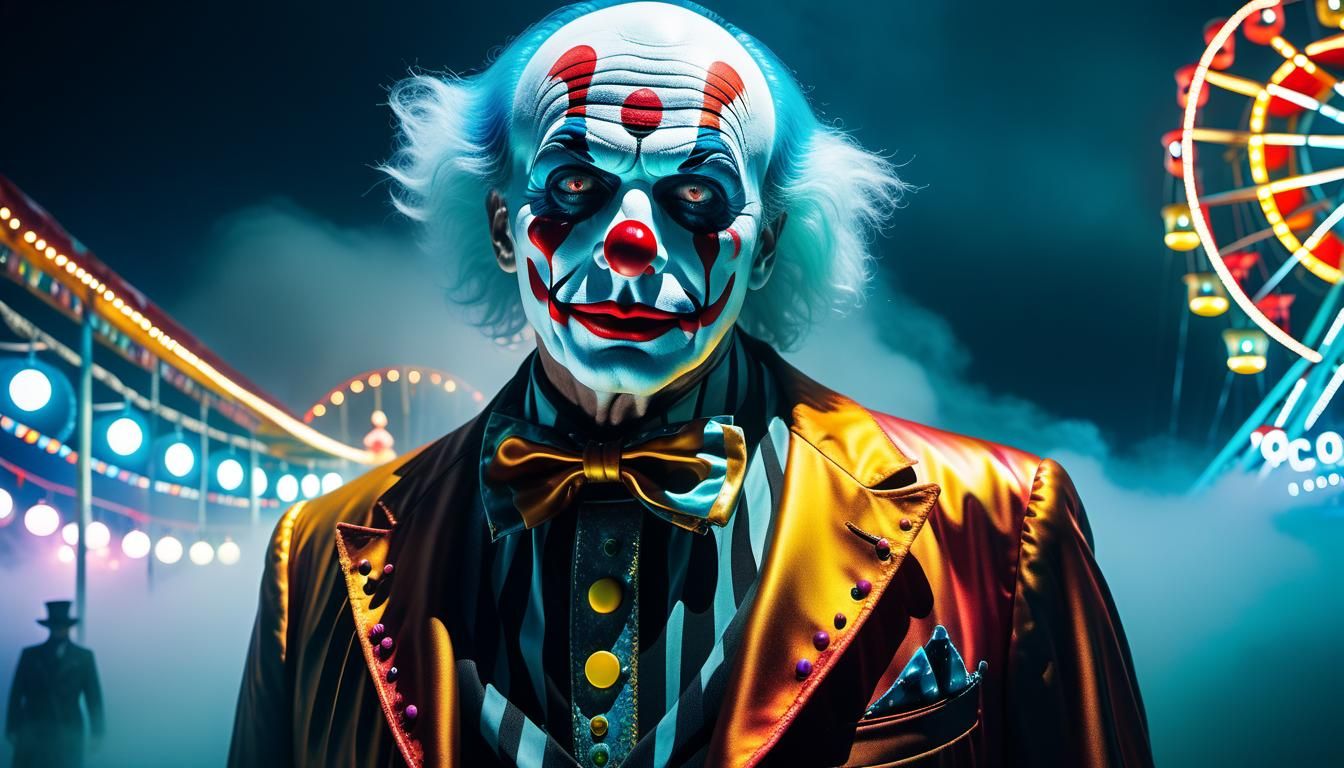 Surreal Ghostly Clown in Abandoned Carnival