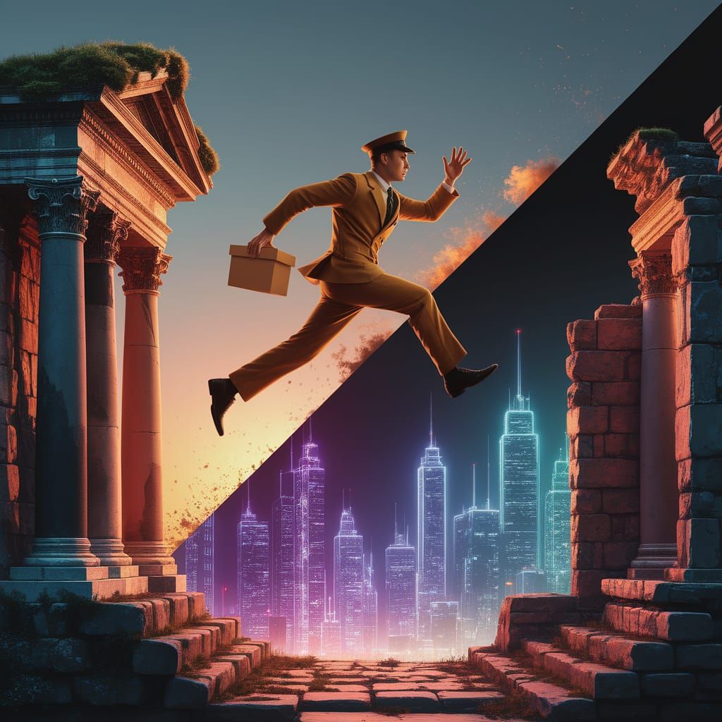 Postman's Leap: Ancient Ruins Meet Neon Cityscape
