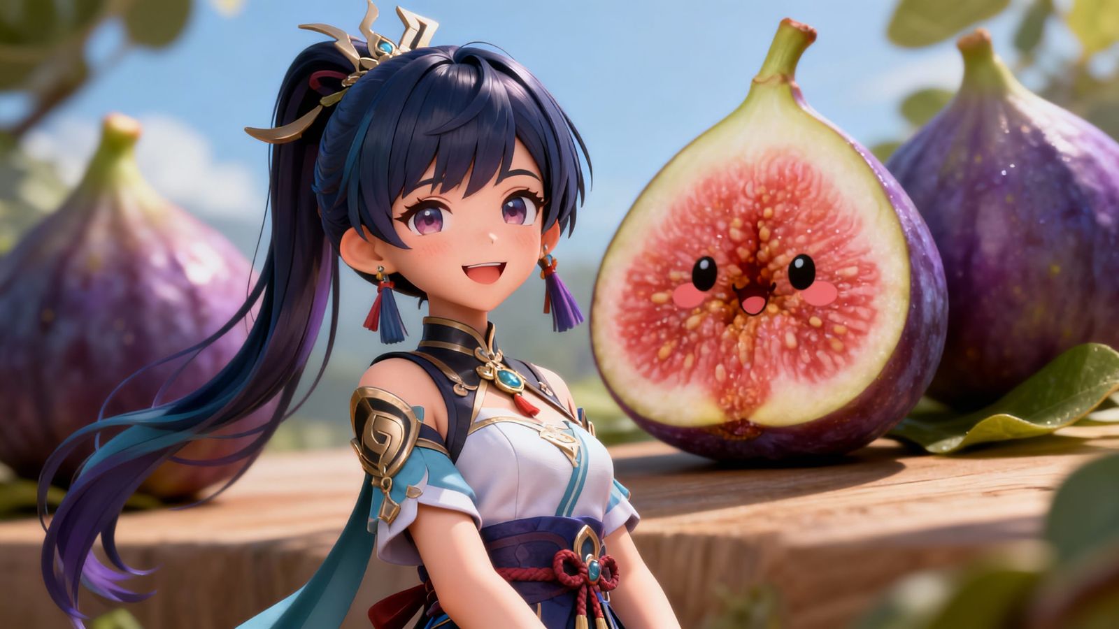 Beautiful Girl Smiles at Cute Fig, Anime 3D Art