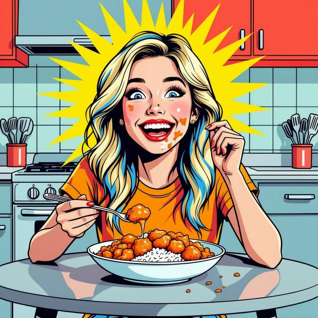 Joyful Teen Eats Orange Chicken with Blue Hair Highlights