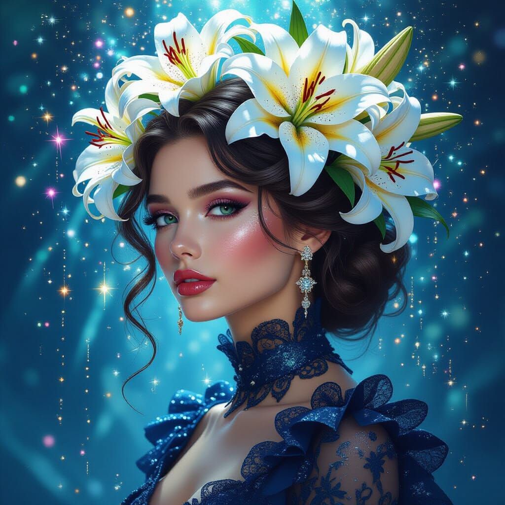 Fashionable Lady with Stargazer Lily Hair, Wild Colors & Gli...