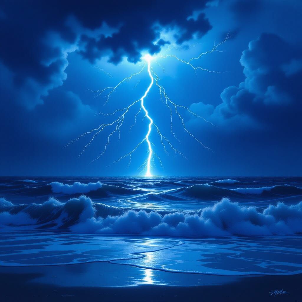 Dramatic Lightning Strike Over Dark, Churning Sea