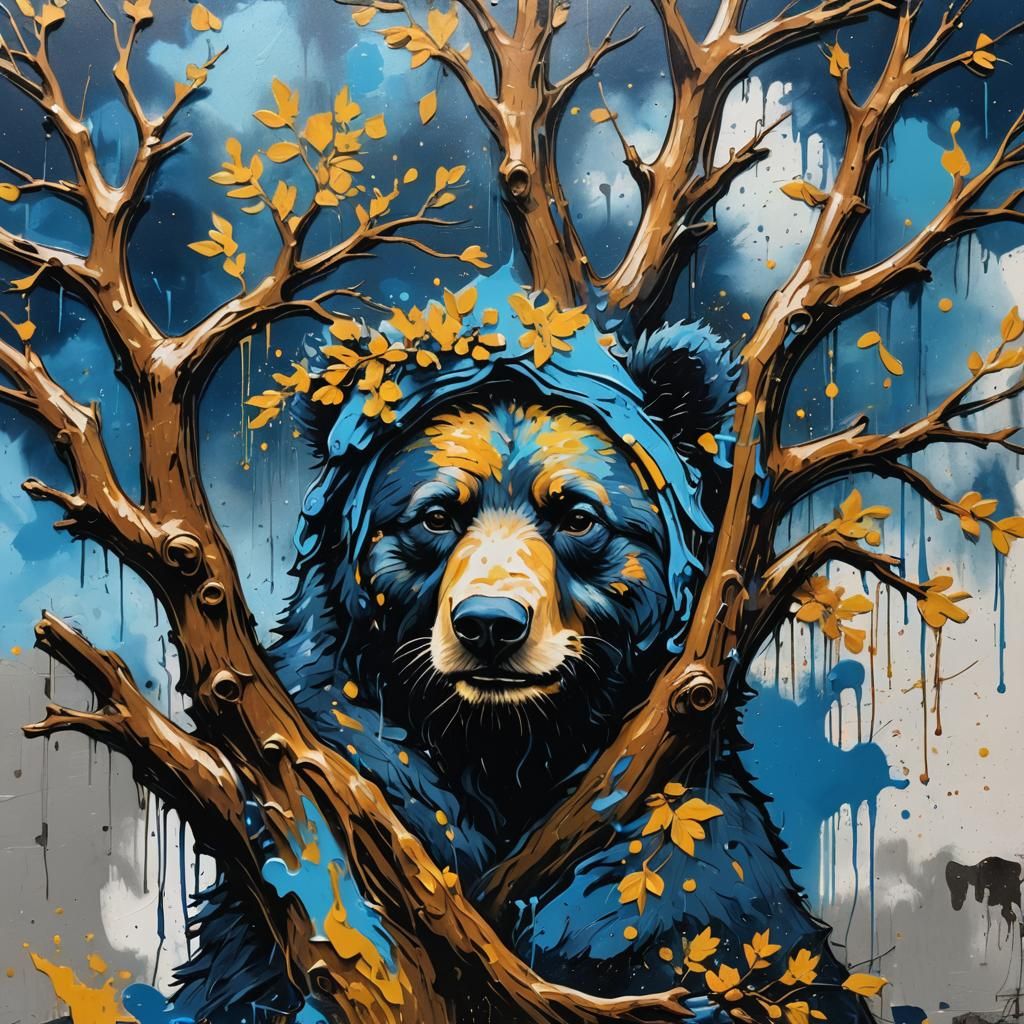 Blue Bear Tree in Graffiti Splash Art Style