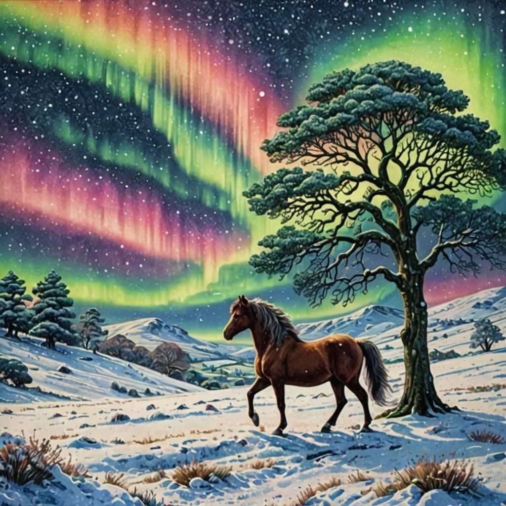 Aurora Borealis Over Dartmoor: Psychedelic Renaissance Paint...