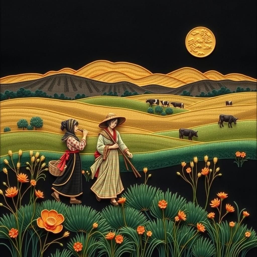 Embroidered Peasant Women Harvesting in Rural Landscape