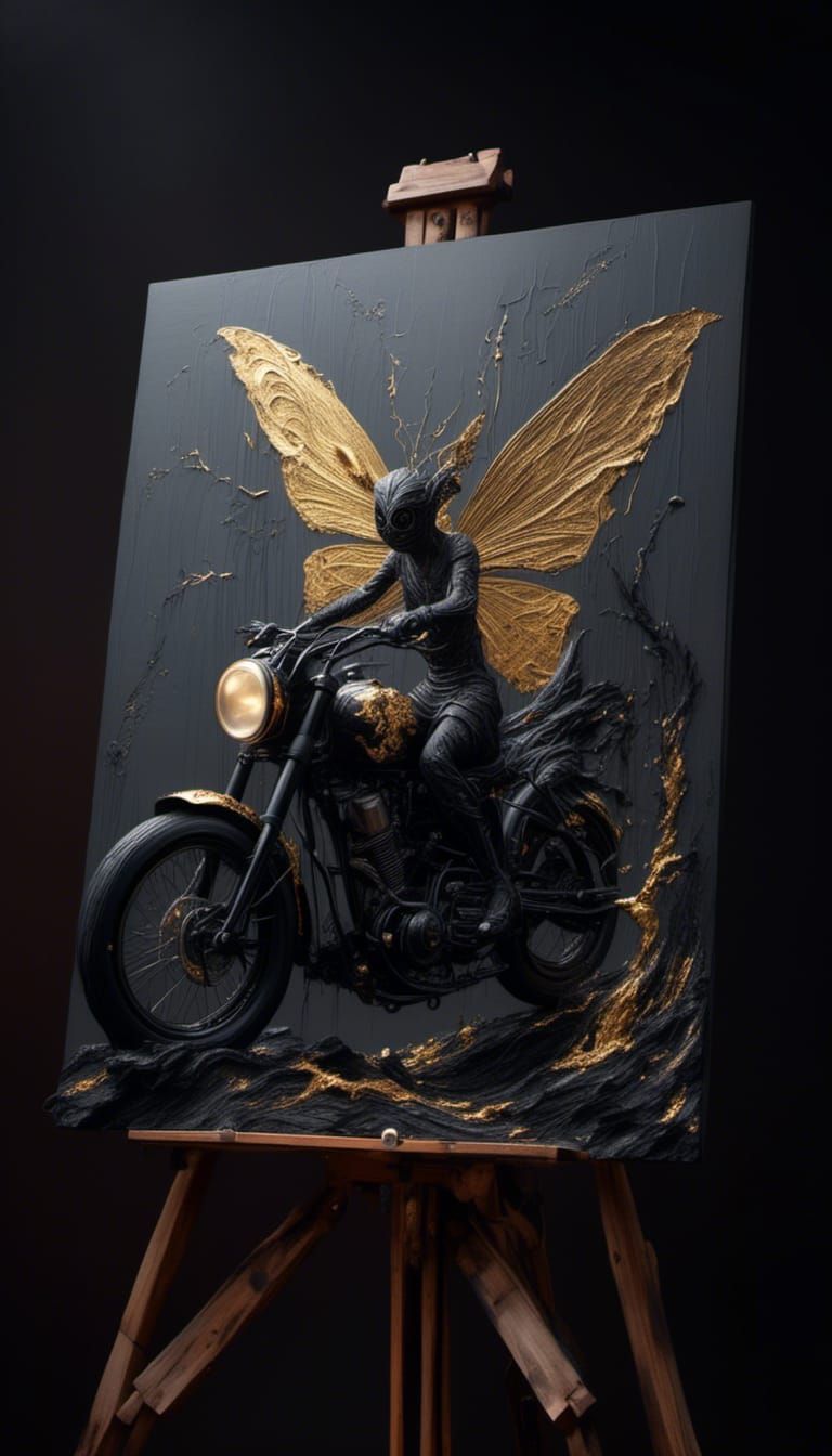 Steampunk Motorcycle Fairy Painting in Grunge Style
