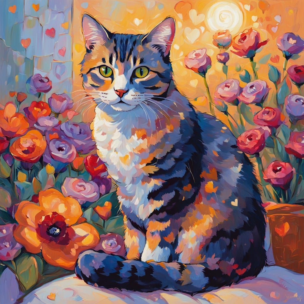 Cat Surrounded by Flowers in Open-Impressionism Style