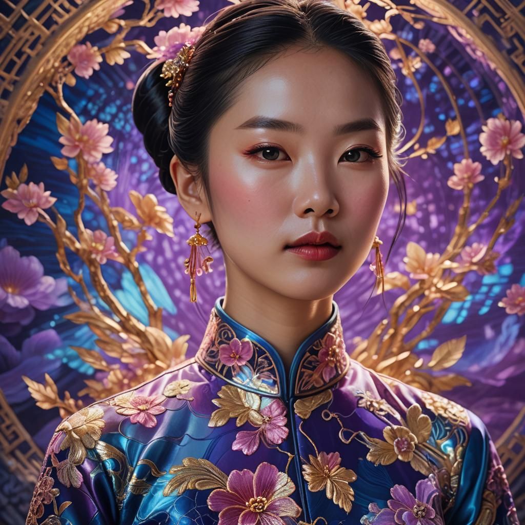 Holographic Qipao: A Hyperrealistic Fantasy Portrait
