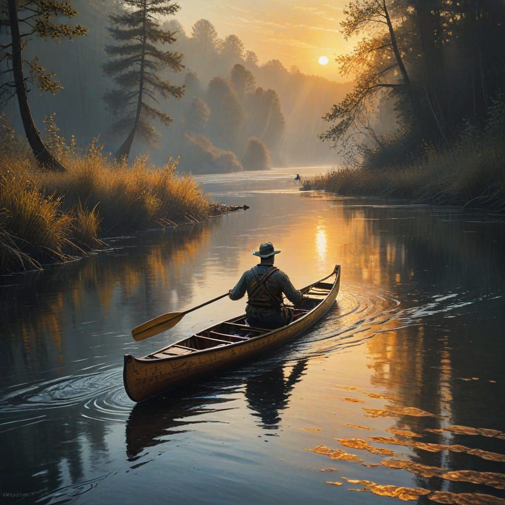 Impasto Painting of Canoeist on Misty River at Sunrise