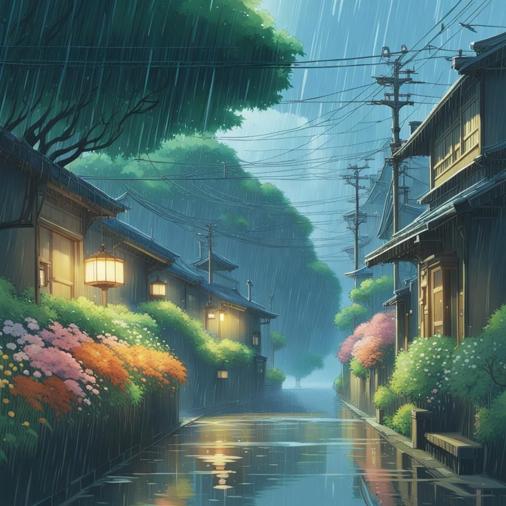 Rainy Anime Village Scene in Studio Ghibli Style