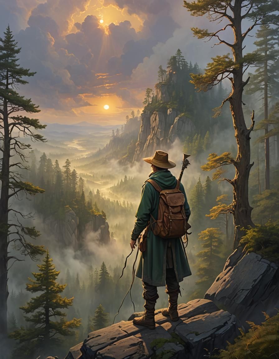 Magical Mage Overlooks Ancient Forest at Sunset